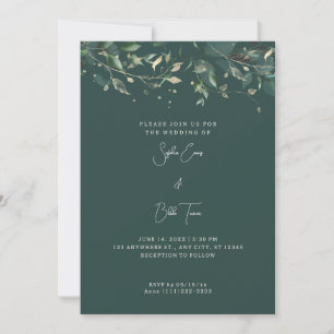 Modern Leaves and Vines Dark Green Wedding Invitation