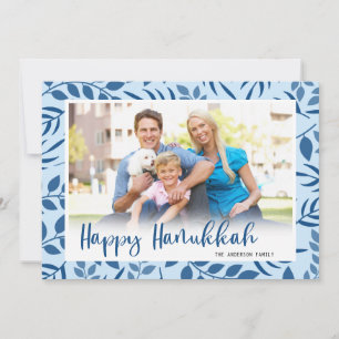 Modern Leaves Blue and Calligraphy Photo Hanukkah Holiday Card