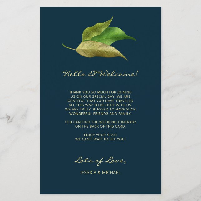 Modern Leaves Deep Blue Wedding Welcome Itinerary (Front)