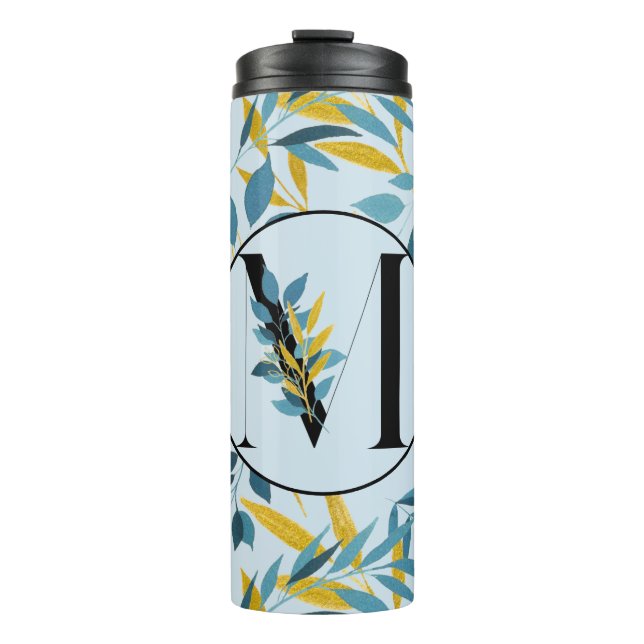 Modern Leaves Navy Blue Gold "Letter M" Thermal Tumbler (Front)