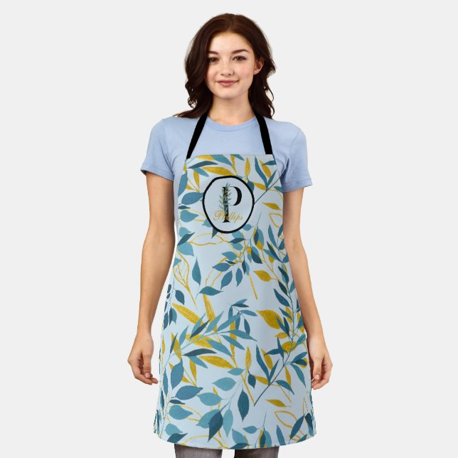 Modern Leaves Navy Gold Monogram "Letter P" Apron (Worn)