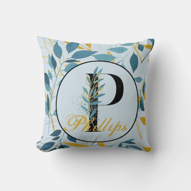 Modern Leaves Navy Gold Monogram "Letter P" Cushion (Front)