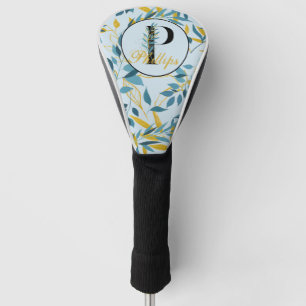 Modern Leaves Navy Gold Monogram "Letter P" Golf Head Cover