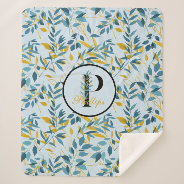 Modern Leaves Navy Gold Monogram "Letter P" Sherpa Blanket (Front)