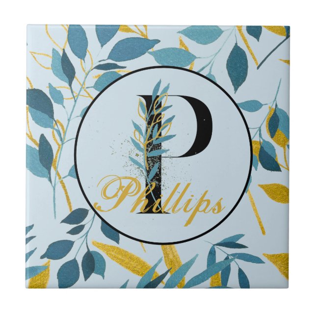 Modern Leaves Navy Gold Monogram "Letter P" Tile (Front)