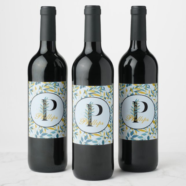 Modern Leaves Navy Gold Monogram "Letter P" Wine Label (Bottles)