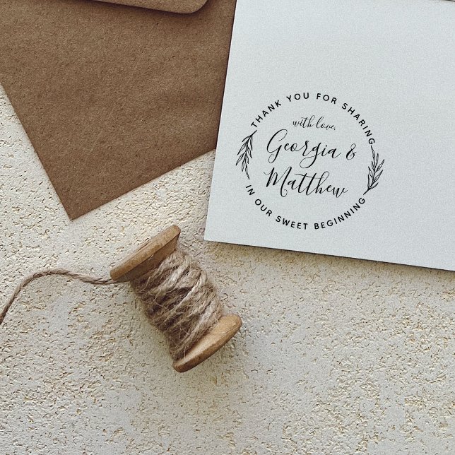 Modern Leaves Script Names Round Wedding Thank You Rubber Stamp (Creator Uploaded)