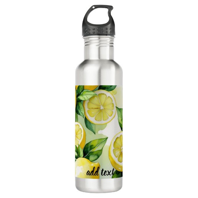 Modern lemon blue floral script bridal shower 710 ml water bottle (Front)