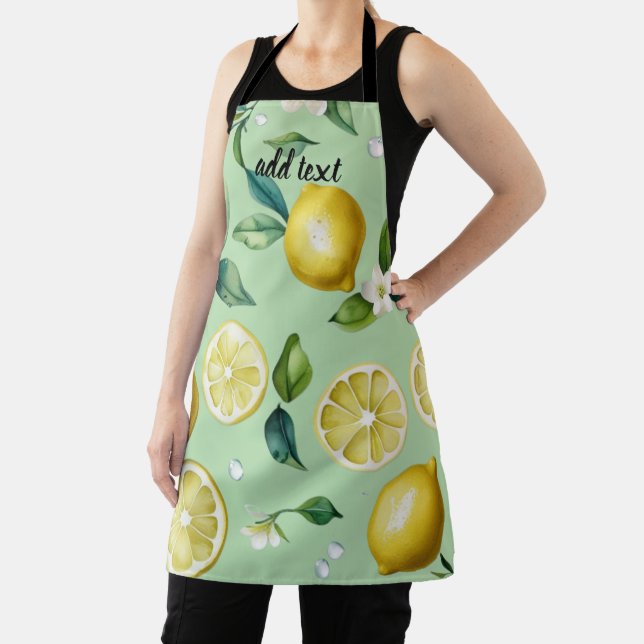 Modern lemon blue floral script bridal shower apron (Insitu)