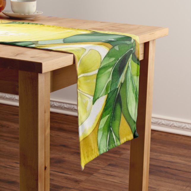 Modern lemon blue floral script bridal shower medium table runner (In Situ)