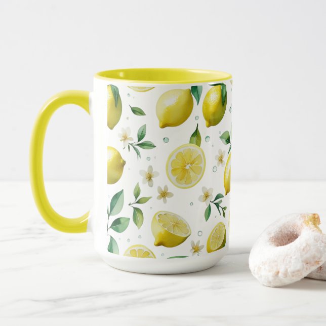 Modern lemon blue floral script bridal shower mug (With Donut)