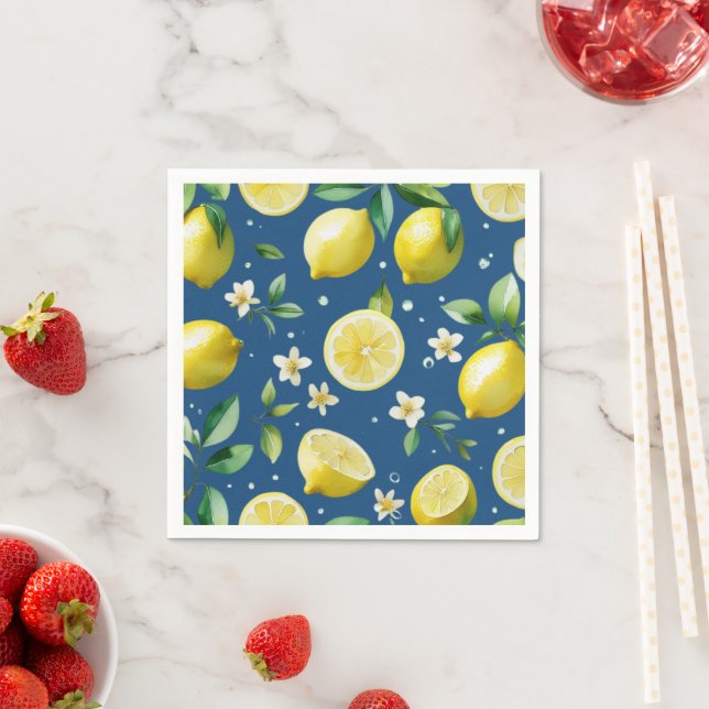 Modern lemon blue floral script bridal shower napkin (Insitu)