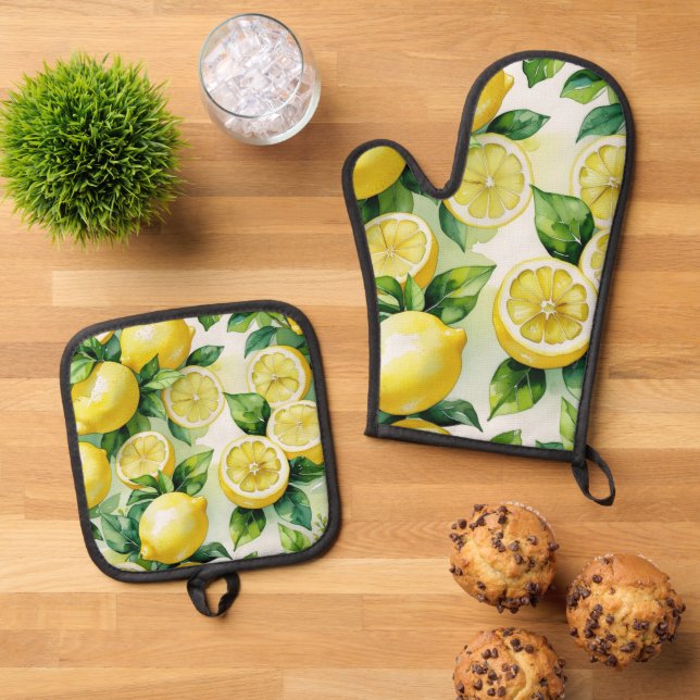 Modern lemon blue floral script bridal shower oven mitt & pot holder set (Top Down)