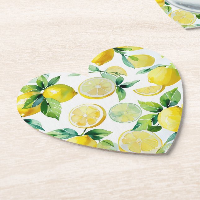 Modern lemon blue floral script bridal shower paper coaster (Angled)