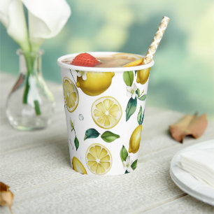 Modern lemon blue floral script bridal shower paper cups