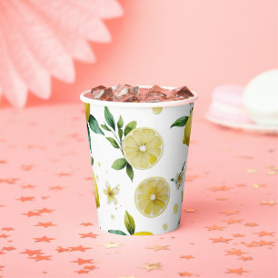Modern lemon blue floral script bridal shower paper cups