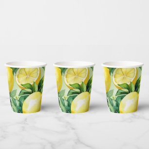 Modern lemon blue floral script bridal shower paper cups
