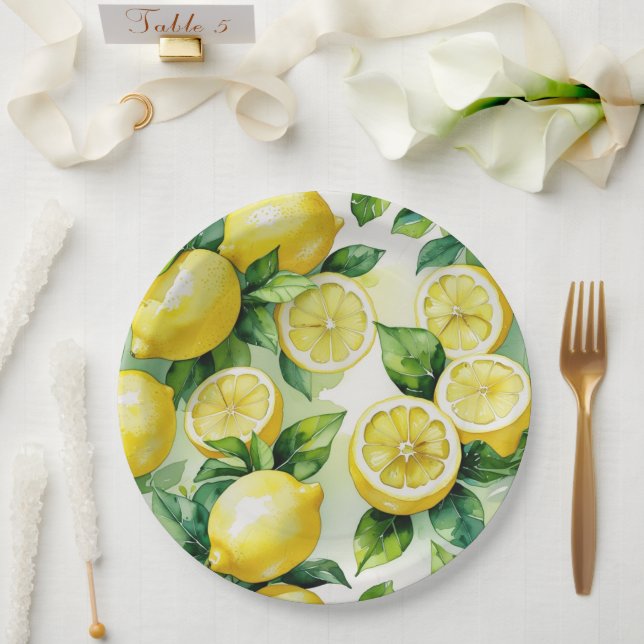Modern lemon blue floral script bridal shower paper plate (Wedding)