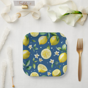 Modern lemon blue floral script bridal shower paper plate