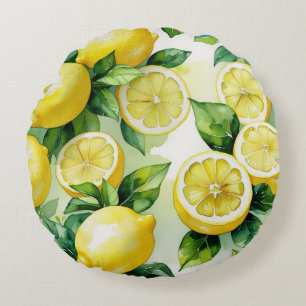 Modern lemon blue floral script bridal shower round cushion