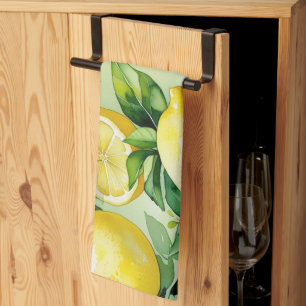 Modern lemon blue floral script bridal shower tea towel