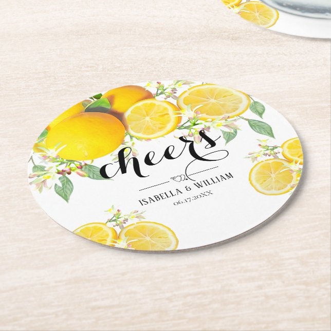 Modern Lemon Boho Summer Wedding Round Paper Coaster (Angled)