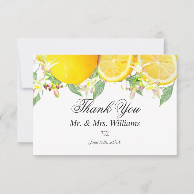 Modern Lemon Boho Summer Wedding Thank You Card (Front)