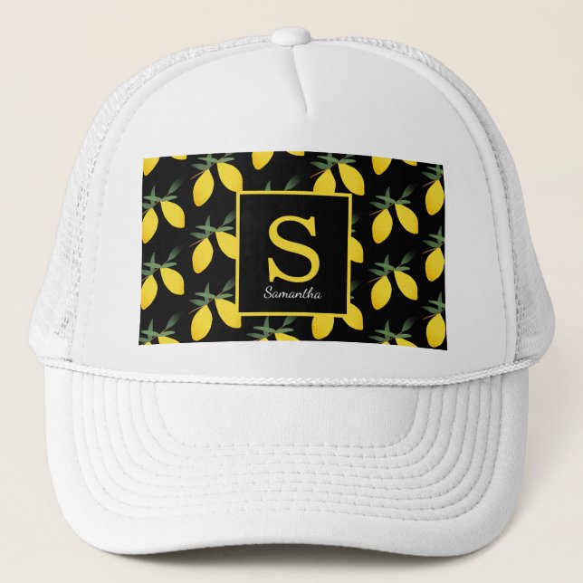 Modern Lemon Citrus Monogram Name Trucker Hat (Front)