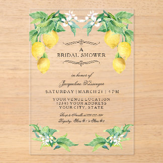 Modern Lemon Elegant Floral Blue Bridal Shower Acrylic Invitations