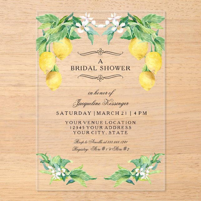 Modern Lemon Elegant Floral Blue Bridal Shower Acrylic Invitations (Front)