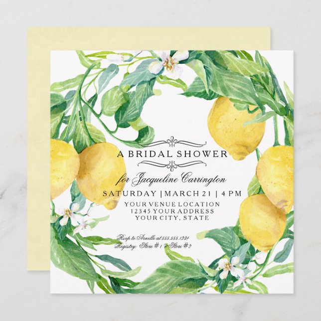 Modern Lemon Floral Flower Wreath Bridal Shower Invitation (Front/Back)