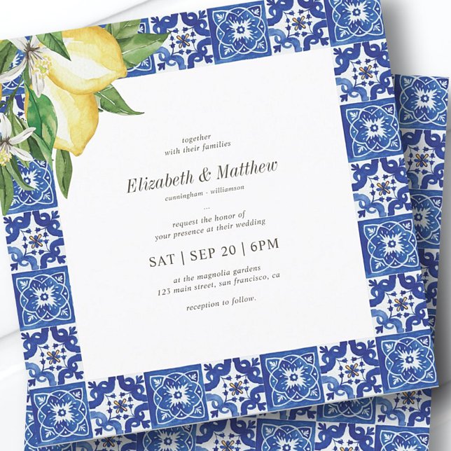 Modern Lemon Foliage Blue Mediterranean Wedding Invitation (Creator Uploaded)