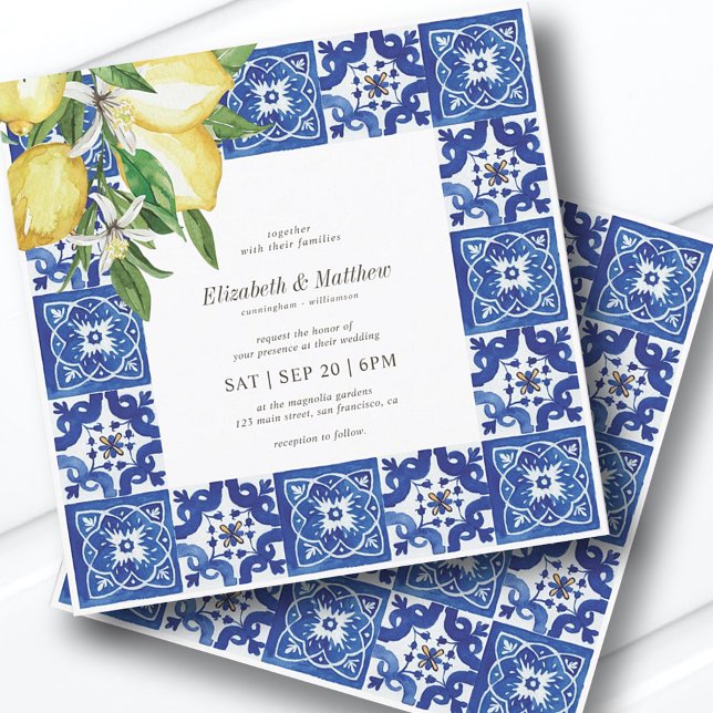 Modern Lemon Foliage Blue Mediterranean Wedding Invitation (Creator Uploaded)