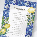Modern Lemon Foliage Blue Mediterranean Wedding Programme<br><div class="desc">Composed of serif and cursive script typography. All against a watercolor backdrop of blue and white Mediterranean Spanish tiles with greenery foliage leaves,  lemons and wild floral flower botanicals.

This is designed by White Paper Birch Co.,  exclusive for Zazzle.

Available here:
http://www.zazzle.com/store/whitepaperbirch</div>