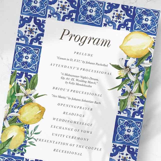 Modern Lemon Foliage Blue Mediterranean Wedding Programme (Creator Uploaded)