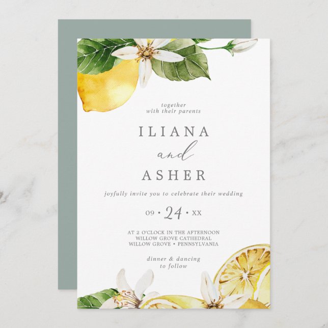 Modern Lemon Garden Casual Wedding Invitation (Front/Back)