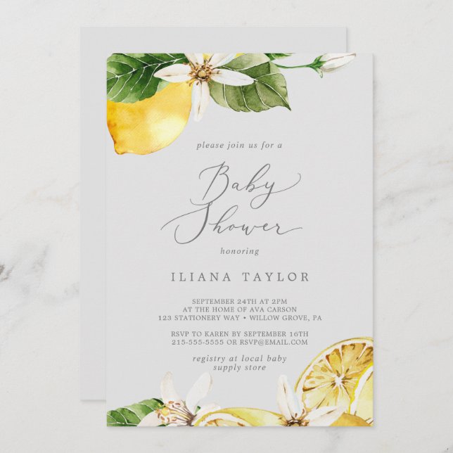 Modern Lemon Garden | Grey Baby Shower Invitation (Front/Back)