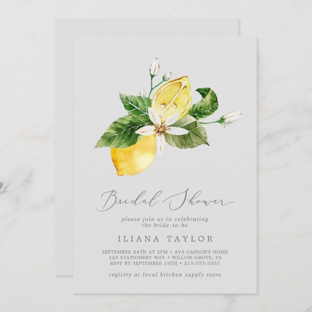 Modern Lemon Garden | Grey Bridal Shower Invitation (Front/Back)