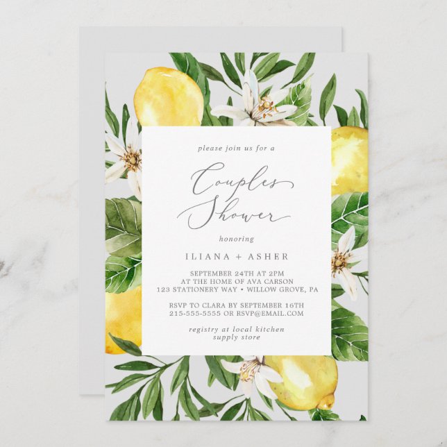 Modern Lemon Garden | Grey Couples Shower Invitation (Front/Back)