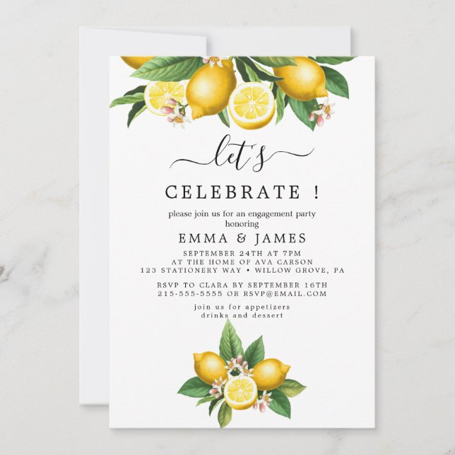 Modern Lemon Garden "Let's Celebrate" Invitation (Front)