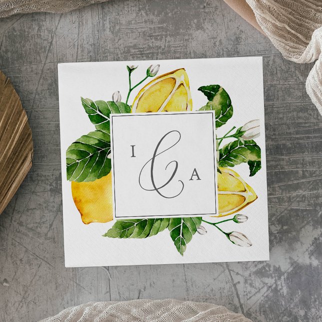 Modern Lemon Garden Monogram Wedding Napkin (Creator Uploaded)