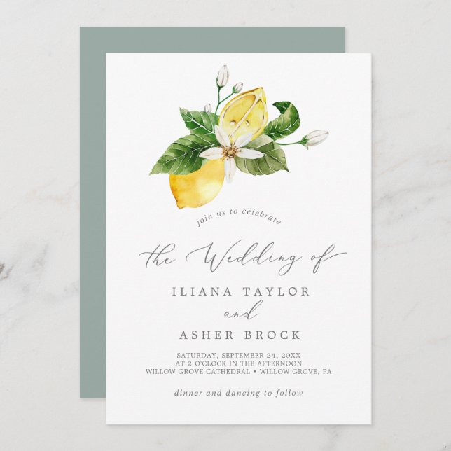 Modern Lemon Garden Simple Wedding Invitation (Front/Back)