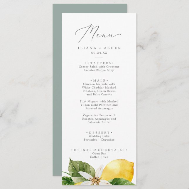 Modern Lemon Garden Wedding Dinner Menu (Front/Back)