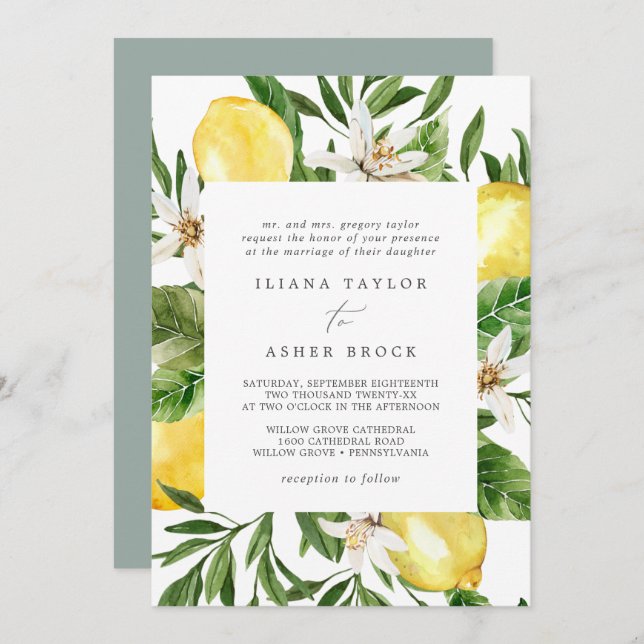 Modern Lemon Garden Wedding Invitation (Front/Back)