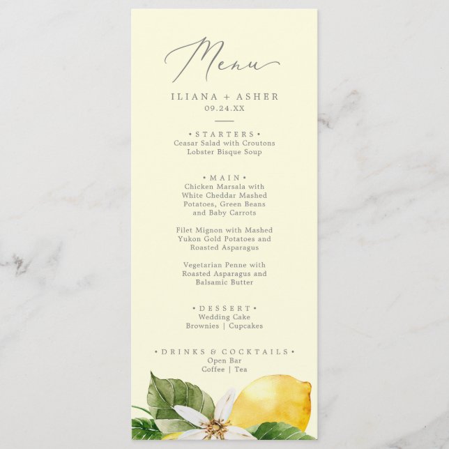 Modern Lemon Garden | Yellow Wedding Dinner Menu (Front)