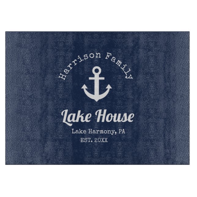 Modern Lemon Lake House Family Name Cutting Board (Front)