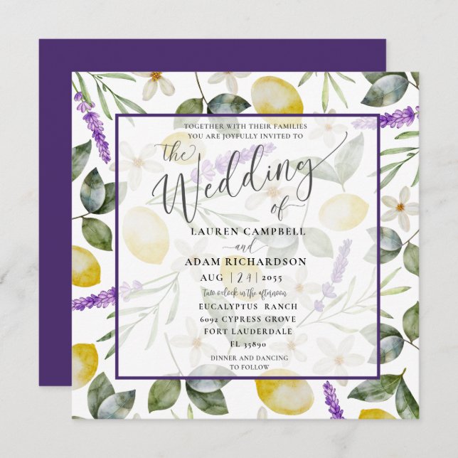 Modern Lemon & Lavender Foliage Wedding Invitation (Front/Back)