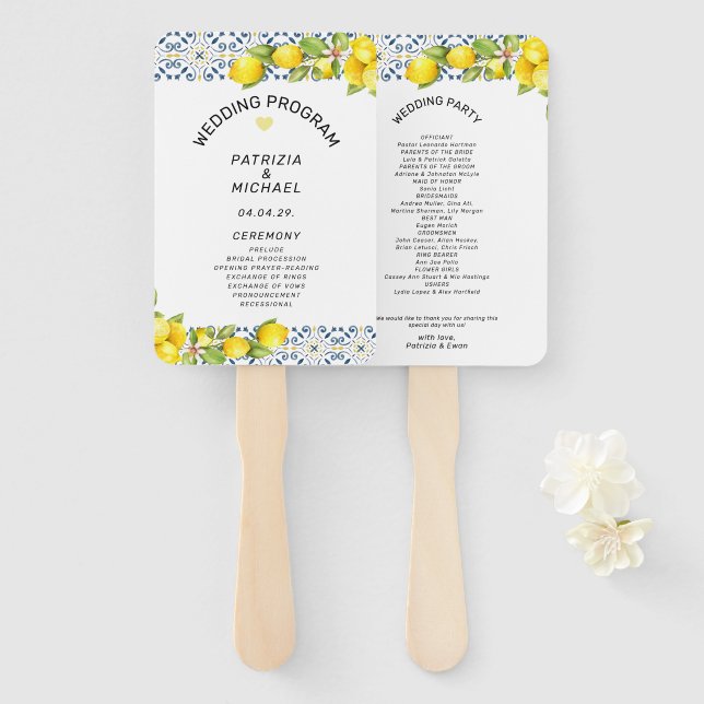 Modern Lemon Mediterranean Wedding  Program Hand Fan (Front and Back)