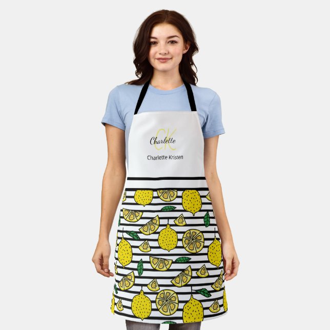 Modern Lemon Pattern Monogram Name  Apron (Worn)