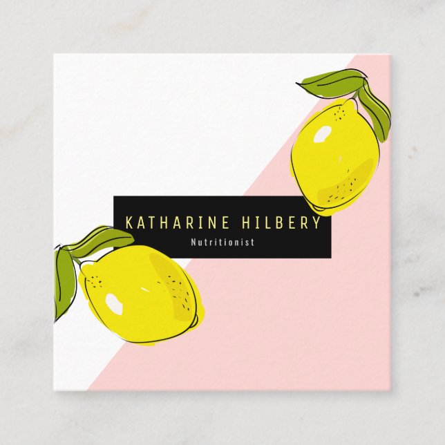 Modern Lemon Pink White Block Square Business Card (Front)